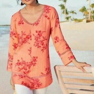 SOFT SURROUNDINGS GARDEN GAUZE NWOT ORANGE RED FLORAL TUNIC TOP ~ PETITE SMALL